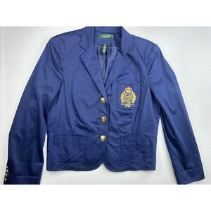 Lauren Ralph Lauren Crest Blazer Women P/L Navy Blue Good Gold Button Preppy